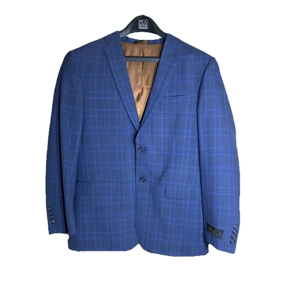 Jos A Bank Joseph Slim Fit Suit Jacket 41R Navy Blue Plaid 100 Wool Metropolitan
